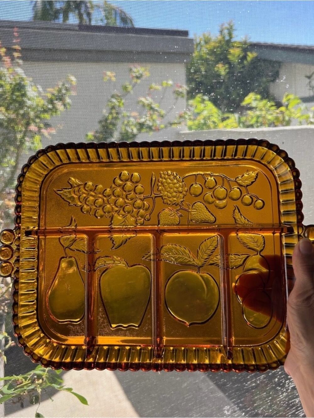 Vintage Amber Glass Sectioned Serving Tray with Fruit Motif, Beautiful Color